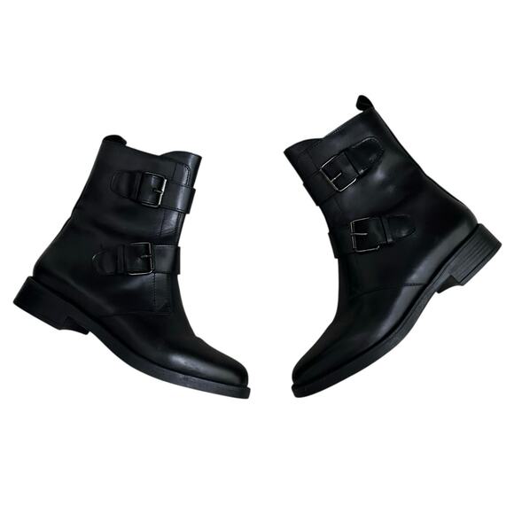 Emmanuele Crasto Black Leather Moto Boots Women 39 / 8.5 Buckle Zip Italy Made - Picture 5 of 9